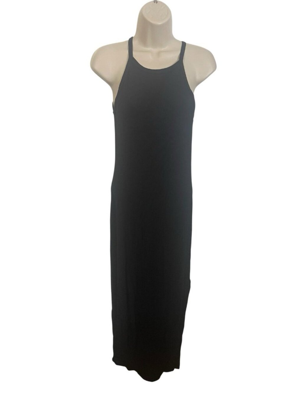 ANTISTAR Women's Size Medium Black Ribbed Knit Maxi Dress with Side Slit